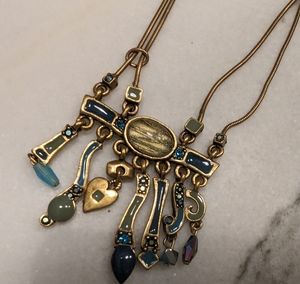 VINTAGE CHICO'S CHATELAINE STATEMENT 2 STRAND BRUSHED GOLD NECKLACE DANGLE BIB